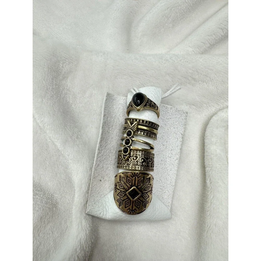NEW Free People Count Your Lucky Starts Ring Set Gold Black Stone Midi Vintage - Picture 1 of 2